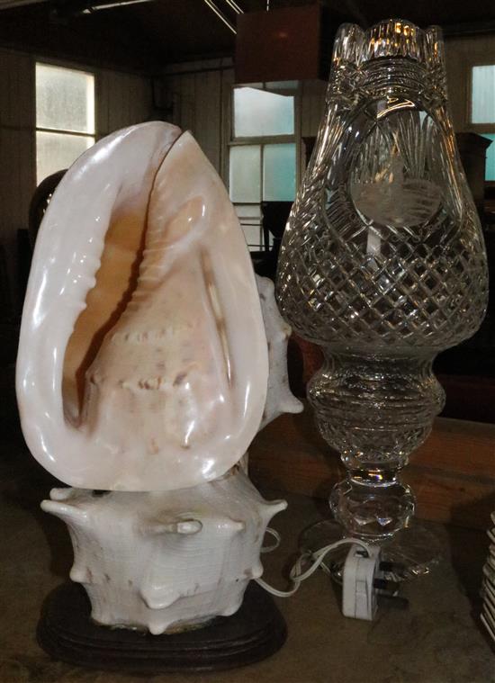 Glass golfing vase & a shell lamp